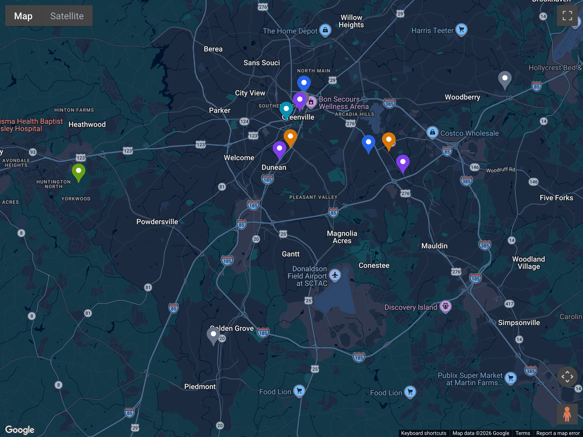 Portfolio map with twelve properties pinned and coloured by property type